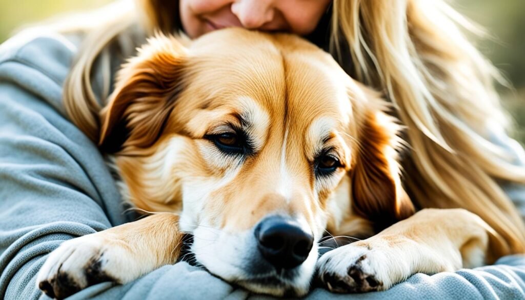 cachorro apoia a cabeça e o corpo no tutor